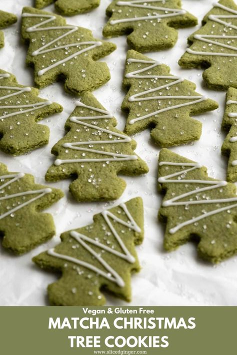 These Matcha Christmas Tree Cookies are made with almond and oat flour, sweetened with maple syrup and flavoured with deliciously earthy matcha powder. As a healthier version of conventional Christmas cookies they’re vegan and gluten free and are sure to please all matcha lovers this holiday season! #dessert #holidayrecipes Matcha Vegan Cookies, Matcha Marshmallow Cookies, Winter Gluten Free Recipes, Matcha Cookies Vegan, Organic Christmas Cookies, Vegan Gluten Free Treats, Gluten Free Matcha Cookies, Oat Flour Christmas Cookies, Christmas Vegan Cookies