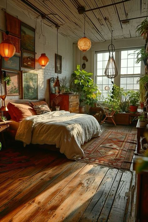 We all want to be proud of our humble abodes. But determining what color scheme and furniture best compliment a space can feel like a monstrous task when interior design just doesn’t come innately. Redwood Floor Bedroom, Cozy Maximalist Bedroom Aesthetic, Retro Apartment Bedroom, Cozy Rustic Aesthetic, Modern Eclectic Aesthetic, Cottage Core Maximalist Bedroom, Bedroom With Window Wall, Small City Apartment Bedroom, Explorer Room Decor