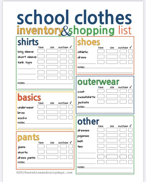 Clothes Inventory List, Back To School Outfit Checklist, Back To School Wardrobe Checklist, What To Buy For Back To School Clothes, Back To School Grocery Shopping List, Back To School Clothes List Elementary, Back To School List Clothes, How Many Clothes Do Kids Need, Back To School 2024-2025