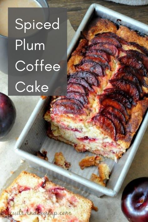 Easy Coffee Cake from Biscuits & Burlap is made with fresh plums! #coffeecake #plum #plumcake #breakfast #brunch Parmesan Biscuits, Plum Recipes, Dessert Aux Fruits, Focaccia Bread, Plum Cake, Dessert Dips, Stick Of Butter, Other Recipes, Coffee Cake