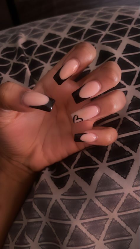 Black Cute Short Nails, Black French Tip Nails With A Heart, Black Nails With A Heart, Black French Nails With Heart, Black Heart French Tips, Black Design Nails Short, Blue French Tip With Heart, Black French Tip With Initial, Black French Tips With Hearts