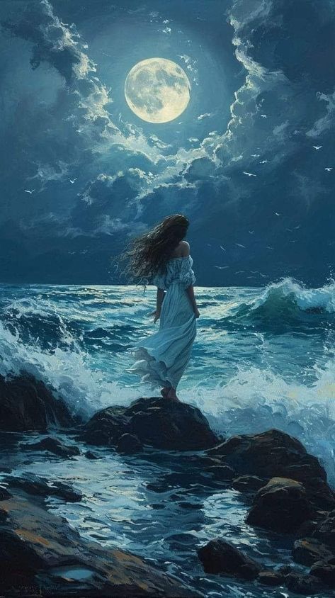 Blue Goddess Art, Goddess Painting Divine Feminine, Sea Fantasy Art, Goddess Of Sea, Moon Goddess Aesthetic, Goddess Of Stars, Female Artworks, Fantasy Night, Blue Goddess