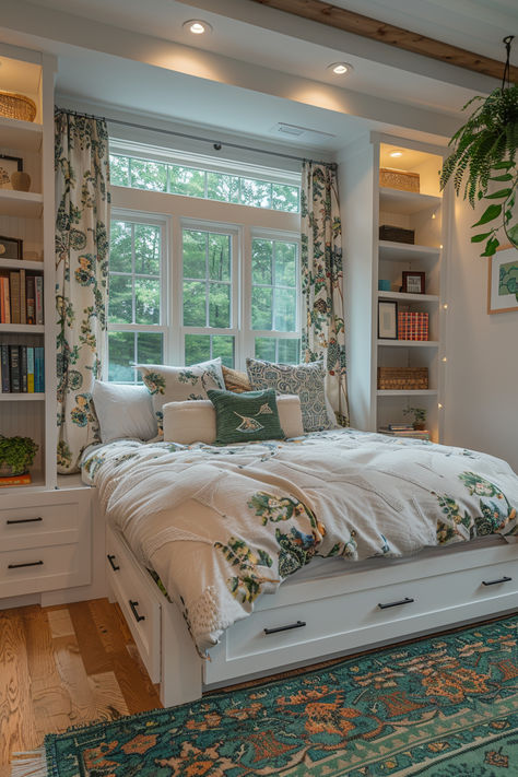 bed under window, window above bed, window bed, bed next to window Daybed By Window Ideas, Daybed Against Window, Bay Window Seat Ideas Bedroom, Bed Front Of Window, Built In Full Size Bed, Custom Bedroom Ideas, Bedroom Bed Under Window, Bedroom Built Ins Around Window, Corner Window Bedroom