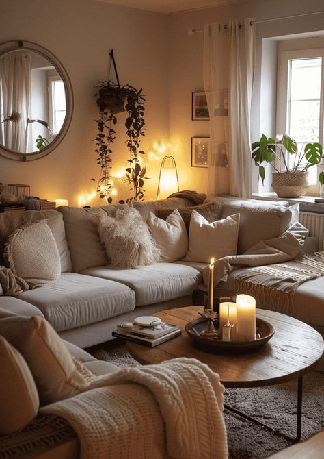 Simple Apartment Interior, Upstairs Sitting Room Ideas, House Design Interior Living Room Cozy, Home Inspo Cozy Living Room, House Decor Living Room Cozy, Cute Wall Decor Living Room, Tiny Cosy Living Room, Sectional Living Room Apartment, Vintage Small Living Room Ideas