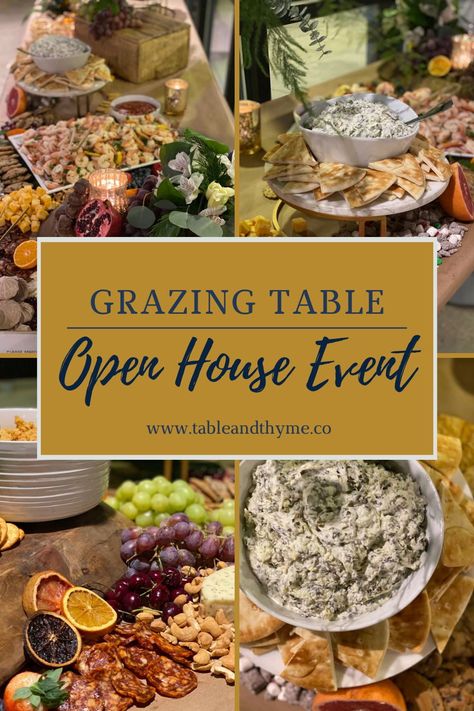 Grazing Table Idea for an Open House Event by Table and Thyme Open House Finger Food Ideas, Open House Brunch Ideas, Open House Lunch Ideas, Open House Birthday Party Ideas, Birthday Open House Ideas, Business Open House Food Ideas, Wedding Open House Food Ideas, Grazing Table For 20 People, Open House Menu Ideas Food