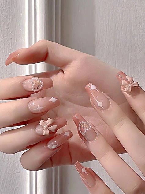 24pcs Long Coffin Gradient Star Pearl 3D Bow Decor Fake Nail False Nails Press Manicure Diy, Fake Nail, Nail Length, Pink Acrylic Nails, Orange Nails, Cute Nail Designs, Diy Manicure, Artificial Nails, Nail Accessories