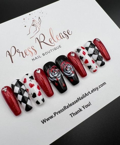 Press On Nails -Queen of Hearts#Nail #nailcolor #nailpolish Red Nail With Black Design, Black And Gold Valentine Nails, Vegas Nail Art Designs, Queen Of Hearts Nails Acrylic, Queen Of Hearts Nails Designs Alice In Wonderland, Red Queen Nails, Cards Nails Design, Harley Quinn Nails Designs, Poker Nails Design