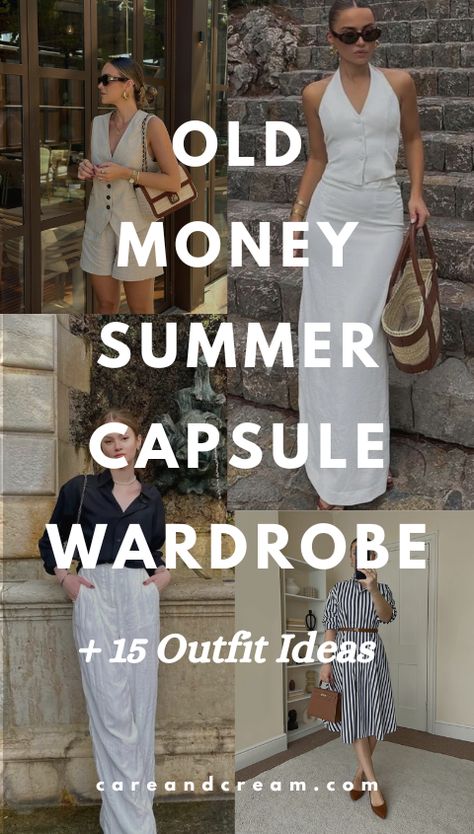 Upgrade your summer look with our Old Money Summer Capsule Wardrobe! We've put together 15 elegant outfit ideas that will awaken your old money style with a mix of 25+ chic summer essentials. Feel confident owning your aesthetic this summer with the relaxed yet refined old money summer style. These outfit ideas are truly an inspiration for crafting your timeless capsule wardrobe. Plus: old money look, old money summer outfits, quiet luxury. What To Wear On Holiday Summer Outfits, Relaxed Luxury Outfit, Classic Outfits For Women Summer, Old Money Style Woman Outfit Summer, Old Money Summer Wardrobe, Summer Quiet Luxury Outfits, Dissh Outfit Ideas, Sahm Outfits Summer, Old Money Outfits Women Summer