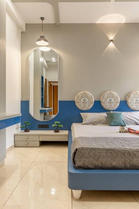 Striking, Inviting and Vibrant Interiors make for this Ethnic Indian Home in Vadodara | De’Caves by Chitte Architects - The Architects Diary Bedrooms Furniture Design, Indian Bedroom Painting Ideas, Master Bed Interior Design, House Interior Pop Design, The Architects Diary Bedroom, Home Decor With Pops Of Color, Luxury Indian Home Interiors, Best Bedroom Designs Interiors Modern, Best Bedroom Interior Design