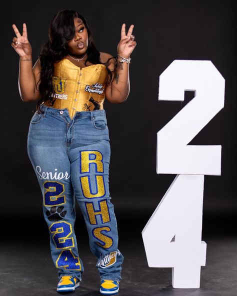 CUSTOM CORSET & #seniorjeans2024 🔥 done by @jaicreativecollection 🎀 | #RUHS 🎓💙💛 DM or TEXT (313)318-0114 to place an order📲 | #customseniorset #redfordunionhighschool #seniorsunday #customsenioroutfit #customseniorshirts #classof2023 #classof2024 #customseniorcorset #customjeans #customcorset #RUHS #redfordunion #redfordunioncheer #redfordunionpanthers #customcorset #2024grad #2024 Custom Corset Birthday, Senior Denim Jacket, Custom Senior Jeans, Corset Graduation Outfit, Senior Corset Outfit, Senior Pants Ideas Black People, Hoco Pants Ideas Sophomore, Diy Senior Jeans, Graduation Pants Outfit