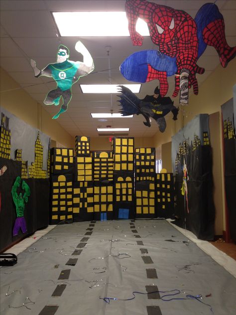 Hopi High School Homecoming 2013 hallway decoration contest! Thankfulness Activities, Homecoming Hallways, Superhero School Theme, Super Hero Vbs, Hero Central Vbs, School Hallway Decorations, Festa Power Rangers, Superhero Vbs, Hallway Decorations