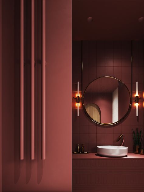 Burgundy Bathroom, Design Interior Baie, Design Interior Modern, Minimalist Dekor, Modern Bathroom Lighting, Contemporary Bathroom Designs, Bad Inspiration, Bathroom Red, Decor Baie