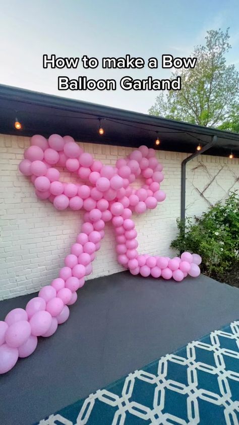 Full blog post on Simplysheppard.com Sharing how to make a balloon bow... | balloon garland | TikTok How To Make Bow Balloons, Balloon Bow Garland, Pink Bow Balloon Arch, Bow Graduation Party, Bow Balloon Garland, Bow Balloon Arch, Balloon Swag, Bow Backdrop, Bow Balloons