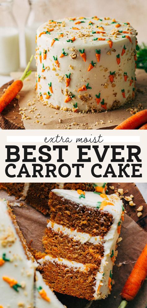 This is the BEST carrot cake recipe! It has an extra rich and moist texture that is perfectly spiced. This cake is then smothered in cream cheese frosting and adorned in frosting carrots. It's bound to be your new go-to carrot cake recipe. #carrotcake #cake #carrotcakerecipe #easterdessert #butternutbakery | butternutbakeryblog.com Best Carrot Cake Recipe, The Best Carrot Cake, Cream Cheese Frosting Cake, Homemade Carrot Cake, Carrot Cake With Cream Cheese, Carrot Cakes, Moist Carrot Cakes, Easy Carrot Cake, Best Carrot Cake