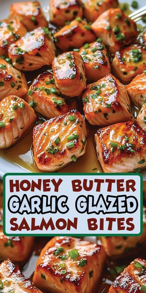 Honey Butter Garlic Glazed Salmon Bites Ingredients: 1 lb salmon fillets, cut into bite-sized cubes 2 tablespoons honey 2 tablespoons unsalted butter 4 cloves garlic, minced 1 tablespoon soy sauce 1 tablespoon lemon juice 1 tablespoon olive oil Salt and pepper to taste Fresh parsley, chopped (for garnish) #salmon #easyrecipes #camilarecipes Honey Butter Garlic Glazed Salmon Bites, Butter Garlic Salmon, Glazed Salmon Bites, Honey Garlic Salmon Bites, Garlic Salmon Bites, Season Salmon, Salmon Bites Recipe, Salmon Recipes Baked Healthy, Salmon Bites