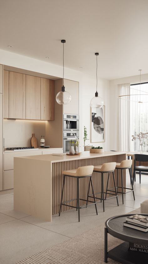 Open Airy Kitchen, Cabinets Above Window, Small Contemporary Kitchen, Kitchen Flips, Arabesque Tile Backsplash, Contemporary Kitchen Ideas, Narrow Kitchen Island, Kitchen Beige, Arabesque Tile