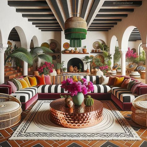 Modern Mexican Hacienda, Colorful Boho Living Room, Mexican Living Room, Mexican Interior Design, Peacock Chairs, Mexican Interiors, Mexican Hacienda, Modern Mexican, Mexican Home