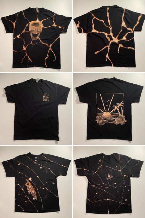 Bleach Art On Black Shirt, Bleach On Black Shirt, Black Bleached Shirt Design, Bleach Dye Shirts Patterns, Bleach Print, Bleach Tshirt Ideas, Bleach Shirts Diy, Bleach Painted T Shirt, Diy Bleach