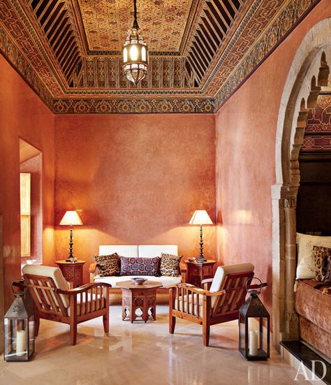 Art dealer Dorothea McKenna Elkon and designer Salem Grassi do Moroccan decor right at their home in the storied port of Essaouira. The seating in the ground-floor salon is made of thuya wood. | archdigest.com Moroccan Courtyard, El Fenn, Moroccan Inspiration, Colorful Interior Design, Moroccan Homes, Tuscan Design, Moroccan Interiors, Mediterranean Decor, Tuscan Decorating