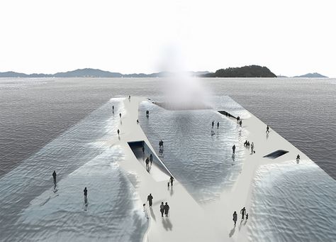 This breathtaking platform lets users walk into the sea in an experience that feels like floating in and on the water. Water Pavilion, Serpentine Pavilion, Water Architecture, Yeosu, Floating Architecture, Pavilion Architecture, Pavilion Design, Renzo Piano, Green Architecture