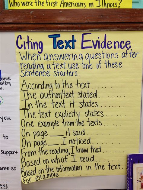 Citing text evidence chart. Will give a copy to past in my ELL and Special Ed students' interactive science journal. Ela Anchor Charts, Citing Text Evidence, Textual Evidence, Writing Anchor Charts, 4th Grade Writing, Reading Anchor Charts, Text Evidence, 5th Grade Reading, 4th Grade Reading