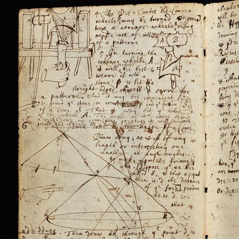 06  College Notebook by Isaac Newton used from about 1664 to 1665. This page (could it have been page 6?) is possibly a description of Descartes Lathe.  Sir Isaac Newton (1642-1727) mathematician and physicist one of the foremost scientific intellects of all time. Born at Woolsthorpe near Grantham in Lincolnshire where he attended school he entered Cambridge University in 1661; he was elected a Fellow  of Trinity College in 1667 and Lucasian Professor of Mathematics in 1669. He remained at t... Fgo Shinjuku, Physics Aesthetic, Spiderman Au, Professor Aesthetic, Ancient Text, Messy Handwriting, Sir Isaac Newton, College Notebook, Notes Aesthetic