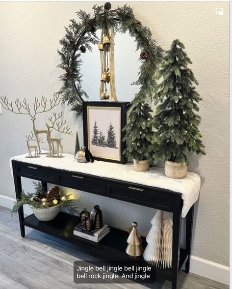 January Entry Table Decor, Accent Pieces For Living Room, Diy Christmas Tabletop Decor, Neutral Christmas Entryway Table Decor, Black Entry Table Christmas Decor, Christmas Bathroom Decor Modern, Christmas Entry Way Decor Ideas, Kitchen Vignettes Decorating Ideas, Miseltoe Decoration