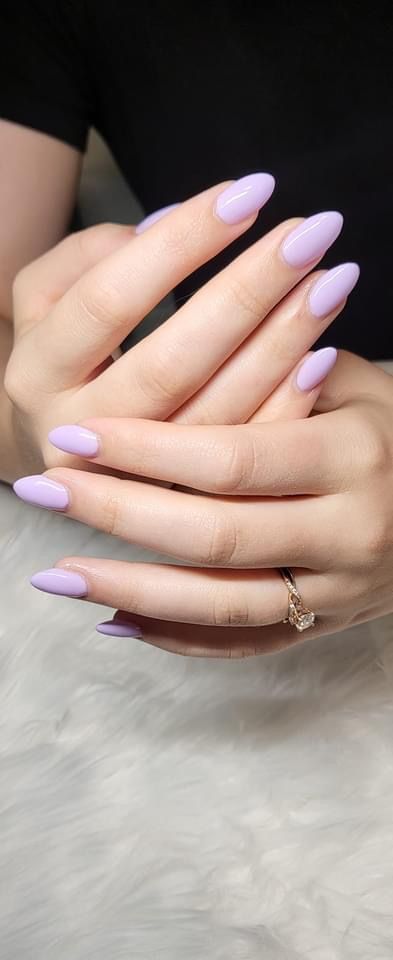 Simple Summer Nails Pastel, End Of Summer Nails Acrylic Almond, Lilac Nails Almond Short, Light Pastel Nail Colors, Cute Purple Acrylic Nails Almond, Nails For Purple Hoco Dress, Lavender Nail Inspo Almond, Light Lavender Almond Nails, Nails For Light Purple Dress