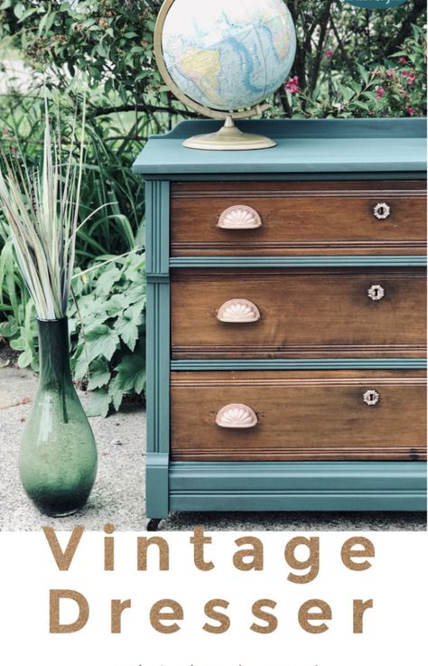 Repainted Antique Dresser, Dresser Different Color Drawers, Antique Dresser Restoration, Dresser With Painted Top, Two Tone Painted Dresser Ideas, Shabby Chic Painted Furniture, Repainting Dresser Ideas Color Combos, Painting Antique Dresser, Paint And Wood Dresser