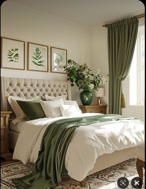 Bedroom Olive Green Bedding, Olive Green And Cream Bedding, Neutral Bedroom Green Accents, Olive Green Guest Bedroom, Beige And Olive Green Bedroom, White And Olive Green Bedroom, Neutral And Green Bedroom, Magnolia Bedroom Ideas, Beige Green Bedroom