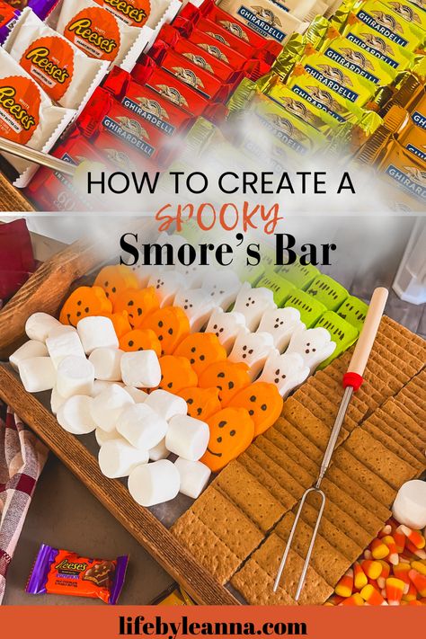 Check out this festive Halloween s'mores bar! This guide shows you how to create a fun and spooky s'mores setup with creative Halloween dessert ideas perfect for kids and adults alike. Learn how to design a s'mores bar that features unique Halloween food ideas, from themed marshmallows to creative toppings. Perfect for adding a delicious twist to your Halloween food ideas for parties. Click to explore step-by-step instructions for crafting the ultimate Halloween s'mores experience! Smores With A Twist, Halloween Party Smores Bar, Sterno Smores Bar, Halloween S’mores Charcuterie, Halloween Smores Charcuterie Board, Smore Bar Ideas, Halloween Ice Cream Bar, S’mores Bar Ideas, Smores Recipes Ideas