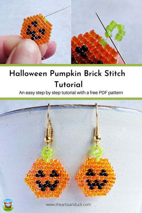 Beginner Brick Stitch Earrings, Beaded Pumpkin Tutorial, Brick Stitch Halloween Patterns, Brick Beading Tutorial, Brick Beading Pattern, Diy Beaded Pumpkin, Beaded Jewelry Halloween, Seed Bead Brick Stitch Tutorial, Halloween Earrings Beaded Pattern