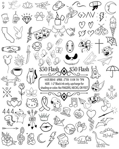 $50 Tattoo Flash Sale! $50 Tattoo Flash from our sheet Saturday April 27th 11am to 7pm DONT LIKE OUR FLASH? Submit your own design via DM for $70! (Your design should be similar to a simple outline flash tattoo) No feet, necks or fingers Black ink only, additional charge for color/shading Wylde Sydes Tattoo 1515 Palm Ave San Diego CA 92154 Cash only! Walkins only starting at 11am! Questions? Call 619-575-6792 Tattoo Flash Sheet Men, Anti Social Tattoo Ideas, Random Flash Tattoo, Themed Flash Sheets, Beginners Tattoo Ideas, Flash Sheets Tattoo, Leg Tattoo Flash, Finger Tattoo Flash, Friday The 13th Tattoo Flash Sheet