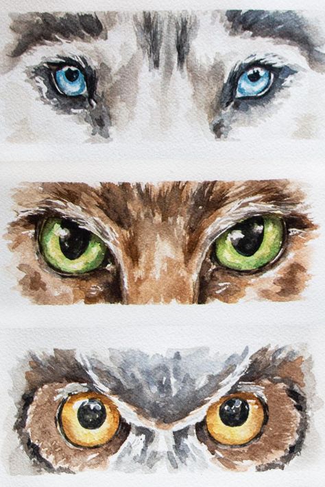 Animal Eye Tutorial, How To Paint Animal Eyes, Wild Animal Watercolor, Watercolor Drawing Animals, Animal Eyes Painting, Animals Eyes Drawing, Watercolor Art Of Animals, Watercolor And Pen Art Animals, Animal Eye Painting