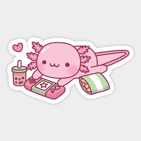 A cute pink axolotl is relaxing and happily playing on the handheld game console with bubble tea and potato chips snack nearby. Kawaii doodle that is perfect for female gamers who love axolotls! ♥ -- Choose from our vast selection of stickers to match with your favorite design to make the perfect customized sticker/decal. Perfect to put on water bottles, laptops, hard hats, and car windows. Everything from favorite TV show stickers to funny stickers. For men, women, boys, and girls. Sticker Cricut, Download Stickers, Pink Axolotl, Kawaii Doodle, Weird Stickers, Cute Axolotl, Handheld Game Console, Stickers Printable, Classy Tattoos