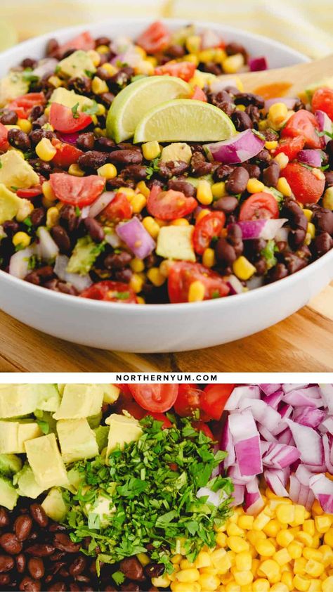 A fresh, colorful black bean salad with corn and avocado. The perfect side for taco night or any meal. It’s quick, easy, and packed with flavor. Taco Thanksgiving, Salad With Corn And Avocado, Black Bean Salad With Corn, Bean Salad With Corn, Sides With Tacos, Salad With Corn, Salad Lunch, Taco Dinner, Bar Night