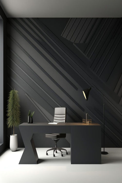 A contemporary office with dark furniture and a striking dark geometric accent wall for a bold and sophisticated look. Modern Office Design Workspaces, Dark Accent Wall, Bold Office, Modern Office Design Inspiration, Aesthetic Wall Paint, Office Feature Wall, Small Office Design Interior, Dark Accent Walls, Contemporary Office Design