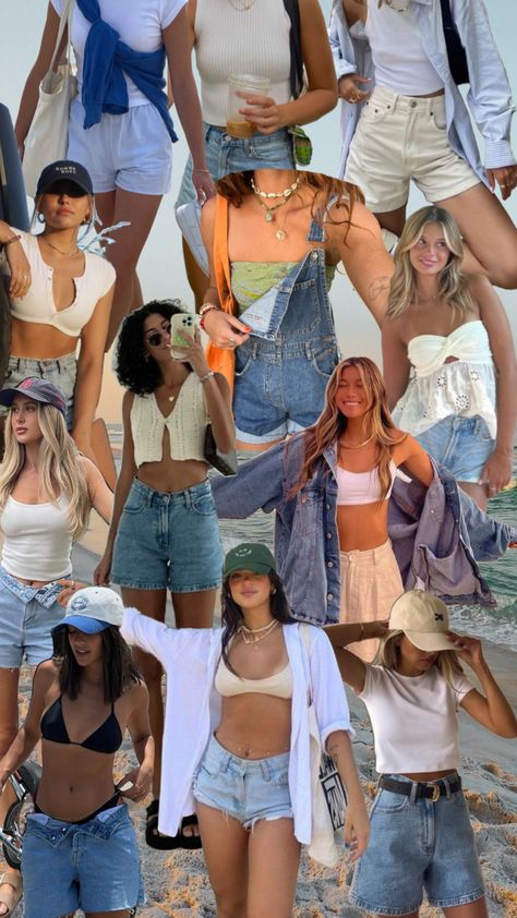 Collage of summer casual beach outfits inspired by the california girl aesthetic. Casual Outfit Aesthetic, Thailand Outfit, Cute Beach Outfits, Florida Outfits, Travel California, Beachy Outfits, California Outfits, Spring Denim, Love S