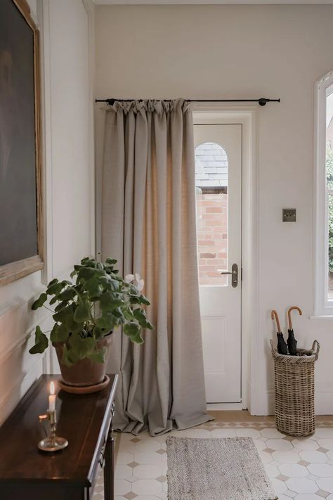 Curtains Over Front Door, Hallway Curtains, Tori Murphy, Kitchen Door Curtains, Drafty Doors, Wool Mushroom, Front Door Curtains, Hallway Flooring, Modern Hallway