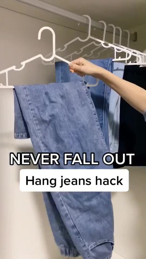 Vantoplife home tips(@vantoplifehometips) on TikTok: How to hang jeans which is never fall out from hanger #jeans #jeanshack #hangjeans #folding#foldinghacks #usefullifetips #hometips How To Hang Up Jeans In Closet, How To Hang Your Jeans, Pants On Hanger Hack, How To Put Jeans On A Hanger, How To Hang Up Pants, Hang Jeans On Hanger, Jean Hanging Hack, Folding Pants On Hanger, Ways To Hang Jeans In Closet