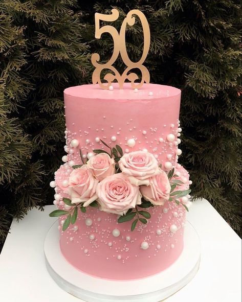 Fifty Cake 50th Birthday, Birthday Cake Pink Flowers, 2 Tier 50th Birthday Cake For Women, Elegant 2 Tier Cakes, 2tier Cake Design, Two Tier 50th Birthday Cake, Cakes For 50th Birthday For Women, Two Tier Birthday Cake For Women Elegant, Cake Designs For 50th Birthday For Women