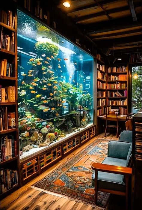 Aquarium For Living Room, House Aquarium Ideas, Aquarium In House Living Rooms, Bookshelf Fish Tank, Office With Fish Tank, In House Aquarium, Library Aquarium, Aquarium Library, Aquarium Design Ideas House