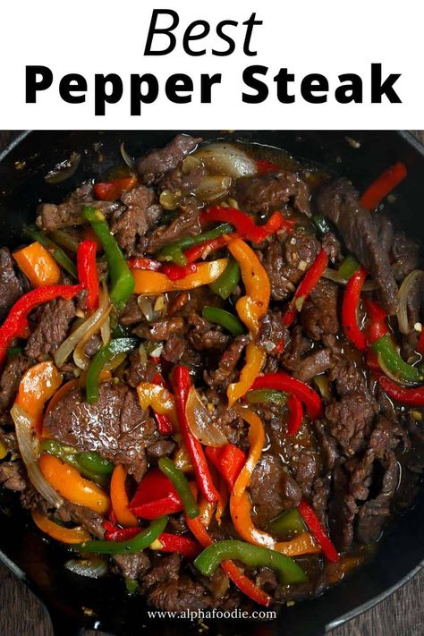 This 15-minute Chinese pepper steak stir-fry combines tender, juicy steak with bell peppers in a flavorful, homemade brown stir-fry sauce for a quick and simple restaurant-quality meal to enjoy with rice or noodles! Best Pepper Steak Recipe, Spicy Onions, Pepper Steak Recipe Easy, Chinese Pepper Steak Recipe, Peper Steak, Pepper Steak And Rice, Pepper Steak And Onions, Pepper Steak Stir Fry, Spicy Broth