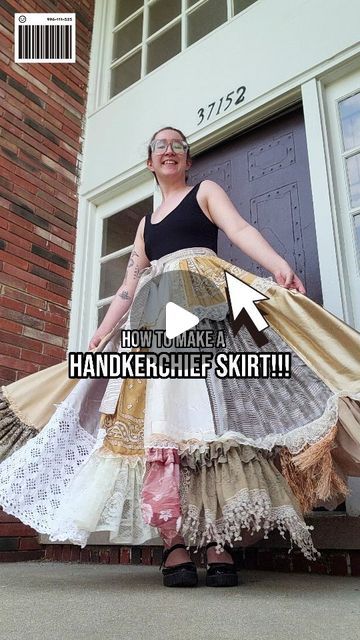 Handmade + Thrifted Fashion ♻️ by Brittany on Instagram: "SAVE this tutorial for future reference! 👉  Kate commissioned me to create this one of a kind Handkerchief Wrap Skirt using secondhand textiles!   I wanted to share the process with you,  cause it's super easy for beginner sewists! No pattern required! 😇  All you have to do is adjust the waist and length measurements to fit your body!   If you make your own, make sure to tag me! I wanna seeeee!   Sewing tutorial / Handmade Fashion/ Upcycled / Sustainable / Maximalist / Recycled / Thrift" Scrap Skirt Diy, Diy Handkerchief Skirt, Upcycle Maxi Skirt, Flannel Skirt Diy, Skirt Design Pattern Sewing Tutorials, Tiered Skirt Pattern Free, Hankerchief Skirt Diy, Handkerchief Skirt Outfit, Handkerchief Skirt Pattern