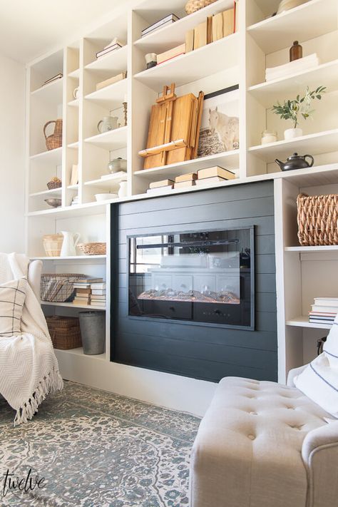 Gorgeous Office, Office With Fireplace, Built In Bookshelves, Bookshelf Makeover, Fireplace Bookshelves, Built In Electric Fireplace, Office Bookshelves, White Bookshelves, Fireplace Built Ins