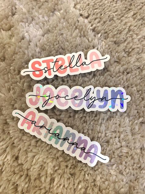 Add a touch of personality to your water bottle with these stylish gradient color holographic name stickers! #waterbottlestickers #namestickers . #Aesthetic_Name_Stickers_For_School #Sticker_Business_Name_Ideas #Cricut_Name_Stickers #Sticker_Name_Labels_Aesthetic Sticker Business Name Ideas, Cricut Name Stickers, Sticker Name Labels Aesthetic, Name Design Ideas, Name Sticker Design, Craft Names, Name Design Art Ideas, Name Stickers Personalized, Personalized Stickers Labels