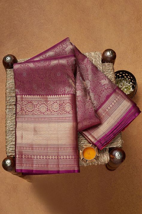 Buy Mulberry purple Zari Woven Kanchipuram Silk Saree Online | Samyakk Saree Display Ideas, Sarees Photography, Saree Display, Saree Photography, Flat Lay Photography Fashion, Saree Shoot, Saree Pic, Creative Shoot, Kanjivaram Sarees Silk