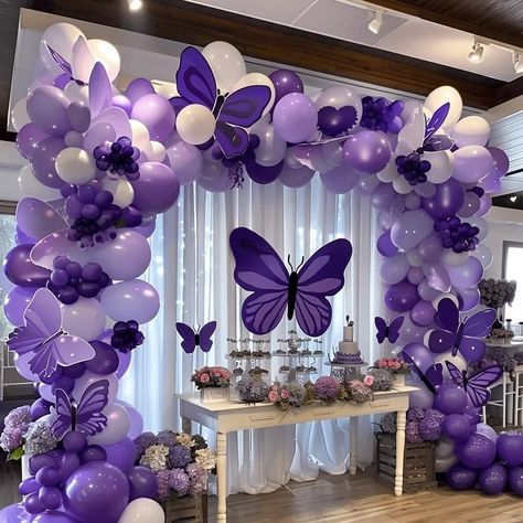 Butterfly Themed Birthday Party, Butterfly Birthday Theme, Purple Birthday Party, Birthday Decorations At Home, Sweet Sixteen Birthday Party Ideas, Simple Birthday Decorations, Butterfly Birthday Party, Purple Balloons, Purple Birthday