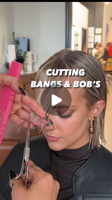 Certain Bangs Short Hair, A Frame Bob Haircut, Blonde Bobs With Bangs, How To Cut Micro Bangs, How To Cut Bob Haircut, Diy Long Bob Haircut At Home, Hairstyle For Bob Cut, Bangs With Bob Haircut, The Rachel Haircut Short