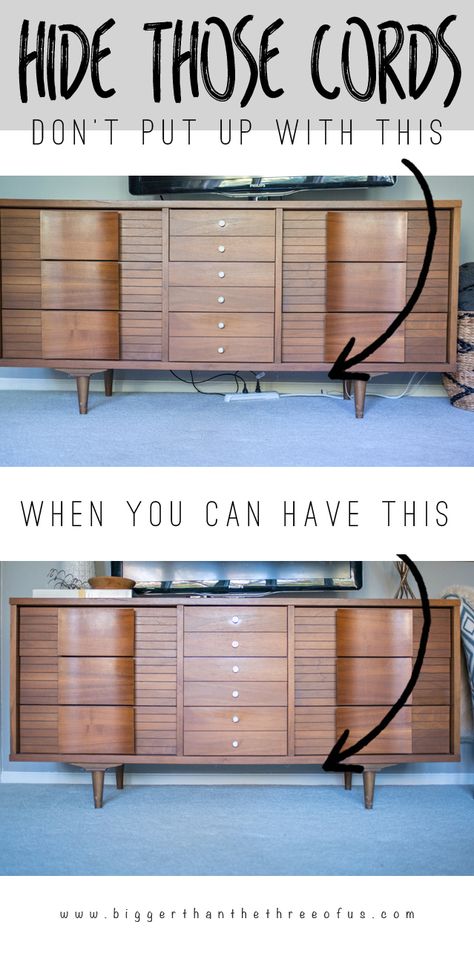 Hide Those Cords - Need help hiding cords behind your media cabinet? Look no further. Surge Protector Hide Diy, Hiding Tv Wires, Hide Cords On Wall, Organization Living Room, Hide Cords, Electrical Wires, Hidden Tv, Living Tv, Hide Wires